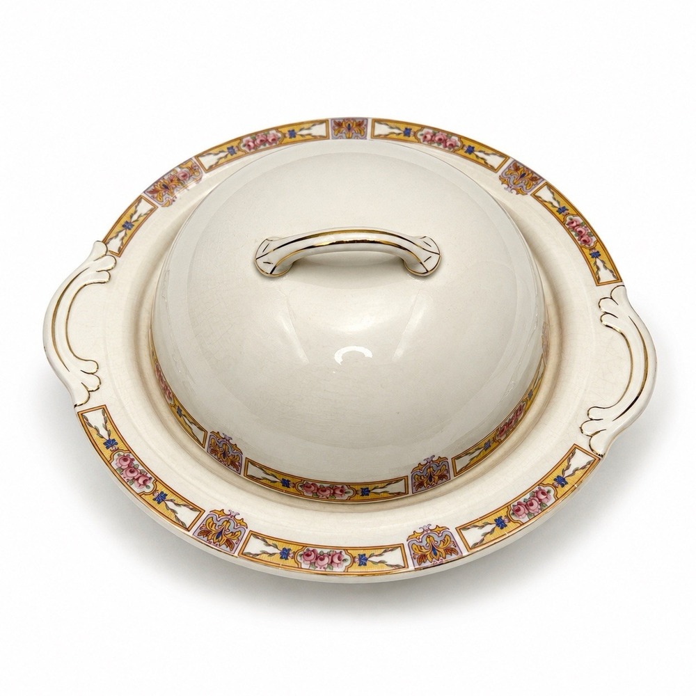 Vintage Steubenville 3526 Round Covered Butter Dish Pink Roses Gold Trim